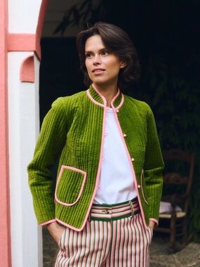 Olive Green Quilted Jacket with Pink Trim